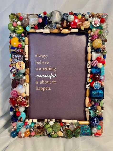 "This gorgeous hand beaded photo frame will fit your favorite 5\"x 7\" photo. Each bead is thoughtfully placed by hand, then all is sealed in a waterproof, pearly glaze. Clean with a damp cloth. Edged in ribbon, with an easel back for tabletop use , and hooks for hanging. Total frame is 8\" x 6-1/2\"  I use an eclectic mix of beads in all my work, including Czech glass, Swarovski crystals, resin, acrylic, faux pearls, mixed metal, semi-precious stones, polished stones, polished glass, Murano gla Kids Picture Frames, Old Jewelry Crafts, Bead Frame, Resin Acrylic, Craft Day, Repurposed Jewelry, Button Art, Homemade Christmas Gifts, Button Crafts