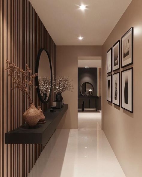 Luxury Hallway Entrance Modern, Entry Hallway Ideas Modern, Long Foyer Design, Under Staircase Wall Decor, Hallway Ideas Aesthetic, Entryway Wall Ideas Modern, Entryway Modern Ideas, Foyer Wall Art Entryway, Slatted Wall Entryway