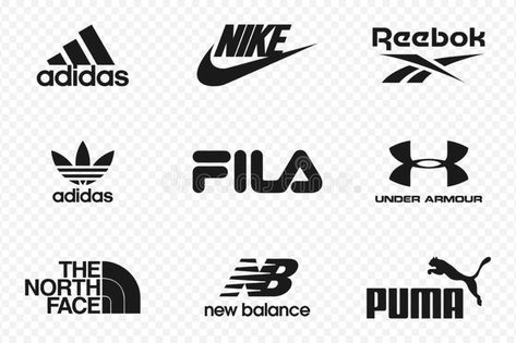 Top clothing brands logos. Set of most popular logo - NIKE, Adidas, Reebok, Puma, New Balance, Under Armour, FILA, The North Face. stock illustration Fashion Logo Design Inspiration, Logos Nike, Sports Brand Logos, Top Clothing Brands, Clothing Brand Logos, Fashion Logo Branding, Popular Logos, Nike Brand, Fashion Logo Design