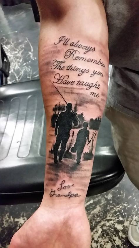 #lettering #memorialtattoo #silhouettetattoo #fishing #grandpa #grandson #tattoos #studio13tattoomg Quotes For Grandpa, Grandpa Tattoos, Grandparent Tattoo, Good Family Tattoo, Grandfather Tattoo, Grandpa Tattoo, Memorial Tattoo Quotes, Fishing Grandpa, Family Tattoos For Men