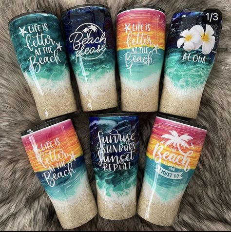 Beach Yeti Cup Designs, Hawaiian Tumbler Ideas, Summer Tumbler Cups, Epoxy Tumbler Ideas, Vacation Cups, Beach Cup, Yeti Cup Designs, Resin Pens, Vacation Tumbler