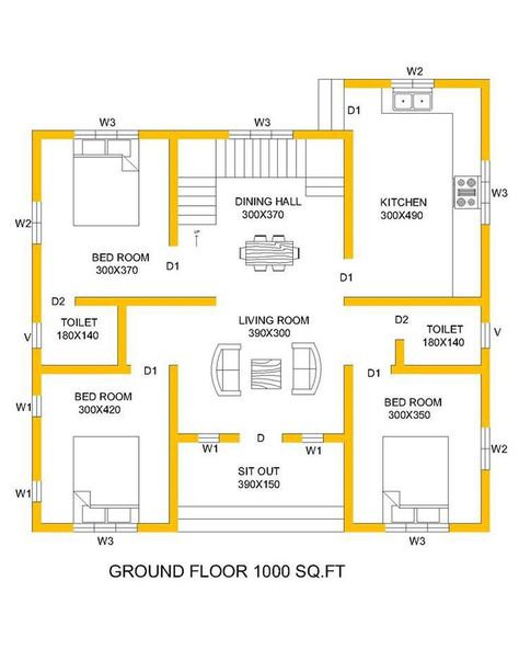 45x45 House Plans, Perfect House Plan, 1000 Sq Ft House, 20x30 House Plans, Square House Plans, Budget House Plans, Single Storey House Plans, 30x40 House Plans, 2bhk House Plan