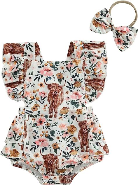 Karuedoo Western Baby Girl Clothes Cow Print Romper Ruffle Sleeveless Onesie Bodysuit Headband Infant Cowgirl Outfit Western Baby Outfits, Country Baby Girl Clothes, Baby Cowgirl Outfits, Western Baby Girls, Western Baby Clothes, Country Baby Girl, Clothes Country, Western Girl Outfits, Baby Clothes Country