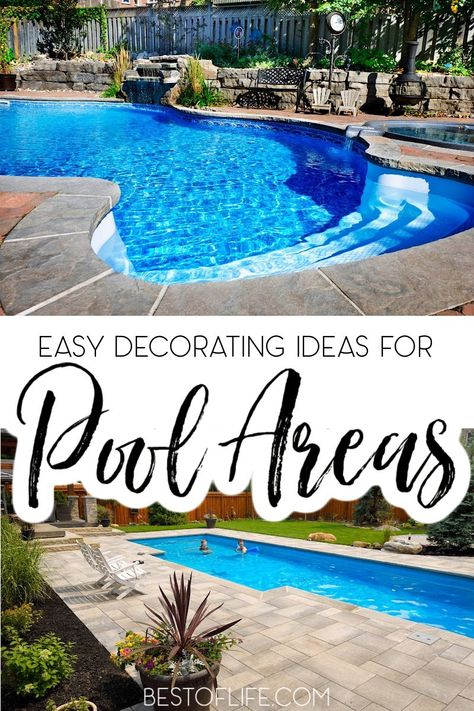 Diy Pool Decor Ideas Backyard, Diy Pool Deck Decor Ideas, Pool Furniture Ideas Decor Backyard, Decorations Around Above Ground Pool, Pool Diy Ideas Decor, Around Pool Decor, Pool Seating Area Backyard Ideas, Pool Cabana Decorating Ideas, Cheap Pool Decorating Ideas