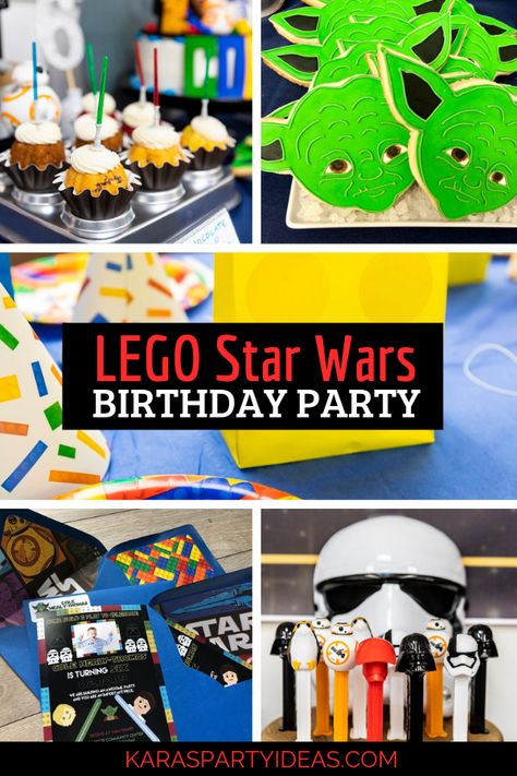 Star Wars Lego Party Decorations, Star Wars Lego Birthday Party, Star Wars 5th Birthday Party, Star Wars Birthday Games, Lego Gift Bags, Yoda Cookies, Lego Star Wars Birthday Party, Lego Party Decorations, Lego Star Wars Birthday