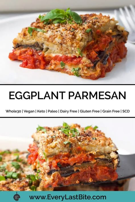 This Paleo Eggplant Parmesan is a healthy twist on the classic Italian dish. It's loaded with layers of tender eggplant, tomato sauce and a cashew based "ricotta" that is all baked in the oven until bubbling. This is a real crowd pleasing dish that no one will even know is Vegan and Whole30! Paleo Eggplant Parmesan, Eggplant Parmesan Casserole, Breaded Eggplant, Meals For 1, Small Batch Cooking, Parmesan Casserole, Food For One, Eggplant Recipes Parmesan, Recipes For 2