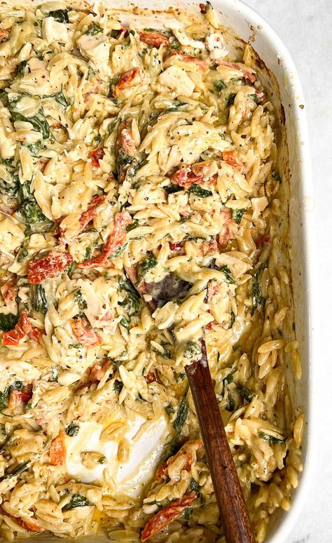 Sundried Tomato Chicken Orzo, One Pot Chicken And Orzo With Spinach, Boursin Chicken And Orzo, Feta Orzo Chicken Bake, Orzo Dump And Bake, Tuscan Chicken Orzo Bake, Orzo Boursin Bake Oven, Boursin Orzo Bake, Sundried Tomato Orzo