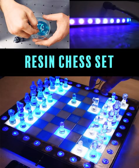 resin chess set, how to resin, resin project, resin chess pieces, unique chessboard, light up resin, resin art, resin projects, epoxy resin crafts, epoxy resin art, resin ideas, resin, resin diy, diy resin crafts, small resin, resin charms, river tables, resin crafts, resin tutorial, how to make resin, how to use resin, resin and wood, resin art diy, resin crafts diy, resin art tutorial, resin and wood jewelry Diy Resin And Wood Chess Board, Wood And Resin Chess Board, Chess Resin Idea, Resin Chess Board Diy, Epoxy Resin Chess Set, Resin Board Games, Diy Resin Chess Set, Epoxy Chess Set, Epoxy Resin Chess Board