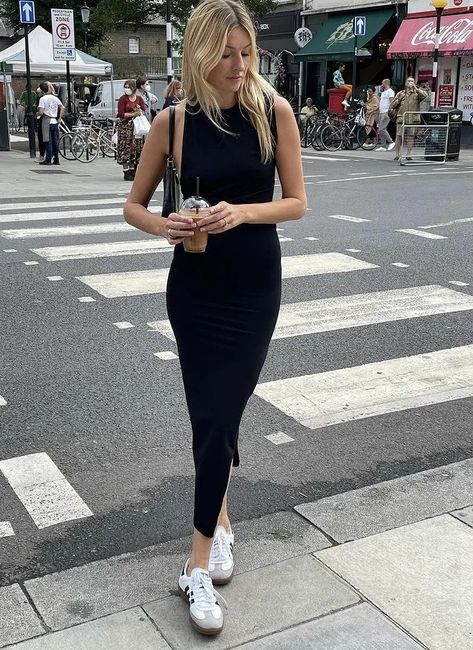 The Best Parisian Summer Outfits From The Streets Of Paris | Le Chic Street Midi Dress Sneakers, Parisian Summer Outfits, Black Midi Dress Outfit, Paris Fashion Summer, Parisian Wardrobe, Looks Adidas, Parisian Outfit, Camille Charriere, Dress And Sneakers Outfit