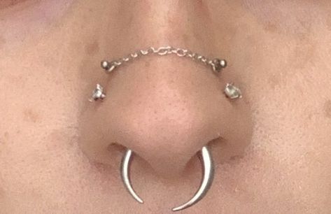 Nostril Piercing Both Sides Chain, Nose Piercing Middle Of Nose, Y2k Piercings Nose, Nose Piercing Both Sides Chain, Septum Piercing Pointy Ends, Nose Piercing Multiple, Different Septum Piercings, Matching Nose Piercing, Nose Piercing Jewelry Ideas