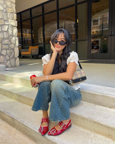 if I left you on red, here’s why 💬🍒 fall fashion is my absolute favorite so be prepared for some fun fits — linking everything on @shopmy (linked in bio) top @loveshackfancy jeans @motelrocks shoes @misslola @misslolaofficial bag @burberry sunnies @rayban . . . . . . . . . transitional outfits, wearing vs styling, styling outfits, fall outfits, fall fashion #wearingvsstyling #fallfashion #fallstyle #outfitideas #dallasblogger #dallasinfluencer Red Flat Outfits, Patent Leather Flats Outfit, Red Ganni Flats Outfit, Red Flats Outfit Ideas, Ganni Bag Outfit, Ganni Buckle Flats Outfit, Outfits With Red Flats, Pointy Flats Outfit, Leather Flats Outfit