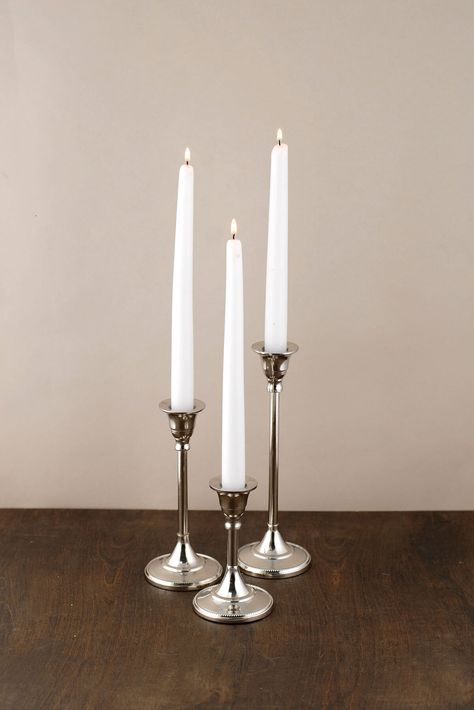 Candlestick Silver 9in Silver Candlesticks Wedding, Taper Candle Holders Wedding, Tall Metal Candle Holders, Candles Reception, White Candle Sticks, Silver Candle Holders, Candle Sticks Wedding, Glamorous Decor, Hydrangea Centerpiece