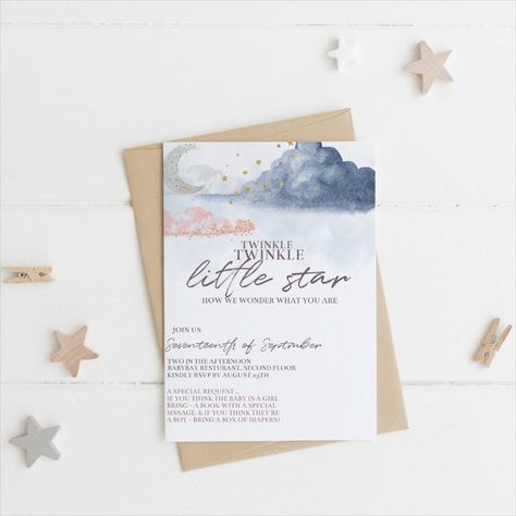 How I Wonder What You Are Gender Reveal, Star Gender, Nursery Rhyme Theme, When You Are Happy, Gender Reveal Invitations, Twinkle Twinkle Little Star, Digital Invitation, Nursery Rhymes, Digital Invitations