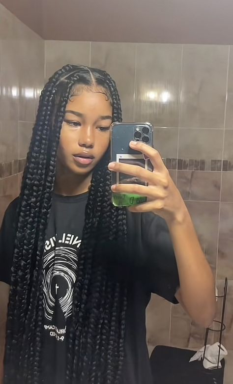 Long jumbo braids Box Braids Chunky, Big Braid Ideas For Black Women, Jumbo Braid Pigtails, Long Chunky Braids, Coi Leary Long Braids, Thick Long Box Braids, Box Braids Jumbo Long, Big Braids Black Women, 12 Inch Braids