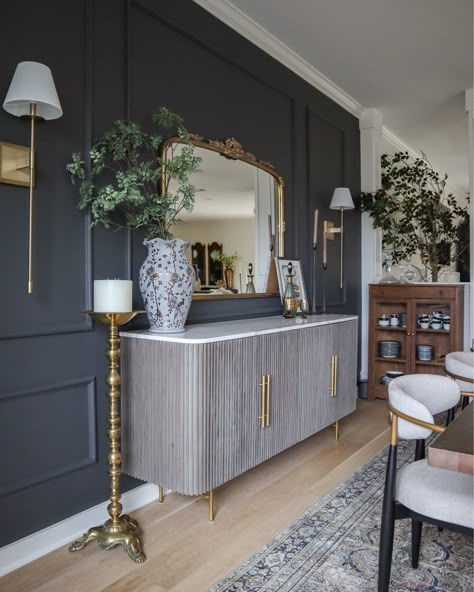 Dark And Moody Dining Room, Moody Dining Room, Credenza Decor, Sideboard Styles, Sideboard Decor, Dining Room Sideboard, Dinning Room Design, Vintage Dining Table, Vintage Dining Chairs