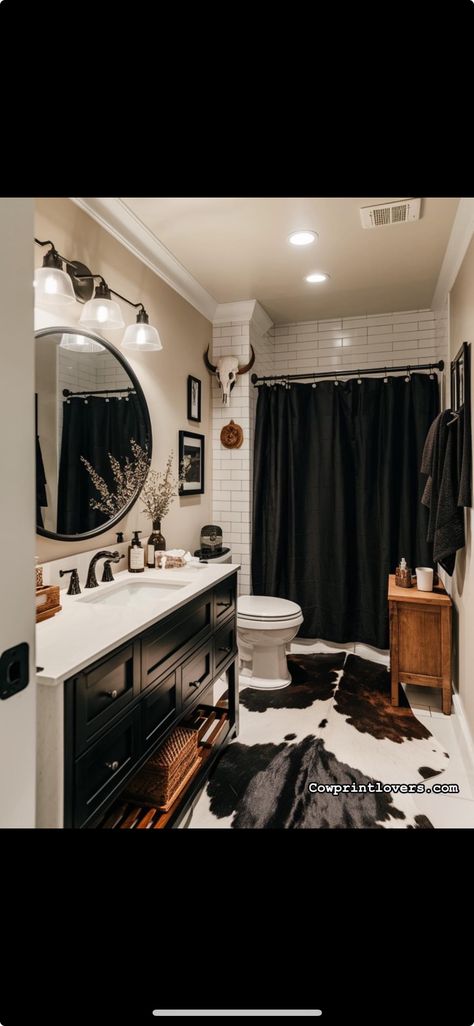 Rustic Western Farmhouse, Burnt Orange And Black Bathroom, Black And White Western Bathroom, Retro Cowboy Decor, Western Gothic Bathroom, Western Rv Decor, Moody Farmhouse Bathroom, Cowhide Bathroom, Dark Grey Farmhouse