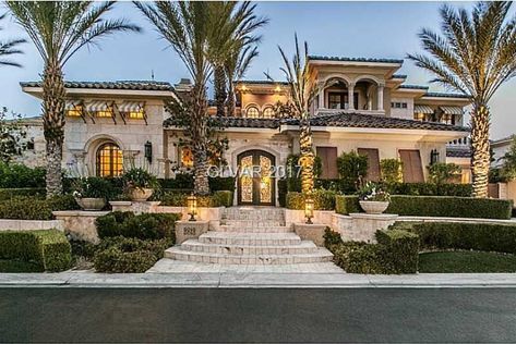 Las Vegas Mansions, Nature Cafe, Landscaping Entrance, Mediterranean Homes Exterior, Mediterranean Exterior, Mediterranean Mansion, Las Vegas Luxury, Mansion Exterior, Stone Floors