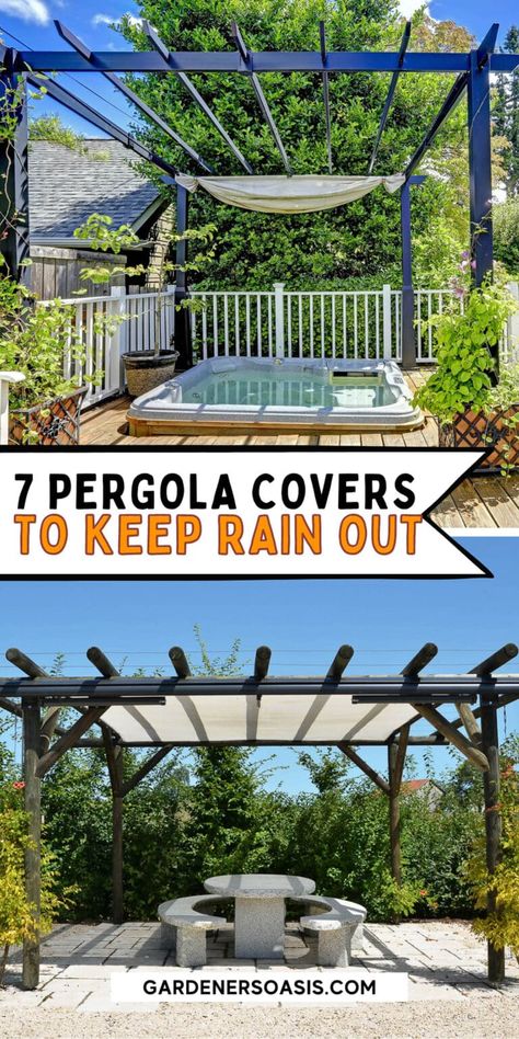 These DIY waterproof pergola cover ideas will help provide shade and protect your patio or deck from the rain. Perfect for outdoor entertaining in your backyard. Pergola With Fabric Roof, Deck Rain Cover Ideas, Diy Pergola Covers Waterproof, Sail Patio Cover Canopies, Pergola Covers Waterproof, Waterproof Pergola Ideas, Backyard Rain Cover, Diy Retractable Pergola Canopy, Pergola Curtains Outdoor Diy