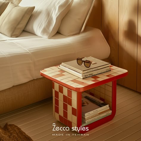 Unique and artistic✨ Experience the perfect fusion of art and utility with this nightstand, featuring vibrant glazed tiles that create a unique visual appeal. www.zeccastyles.com #nightstand #glazedtiles #tiles #zeccastyles Tiled Dresser, Tile Dresser, Tiled Furniture, Studio Apt Ideas, Unique Nightstand, Tile Furniture, Studio Apt, Glazed Tiles, Apt Ideas