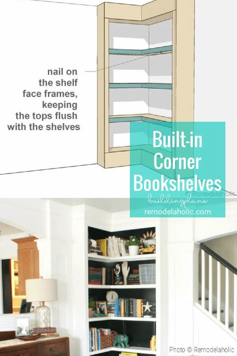 Built In Corner Bookshelves Building Plans And Tutorial By Remodelaholic.com #buildingplans #tutorials #bookshelves #cornershelves #cornerbookshelves Diy Corner Shoe Shelf, Built In Corner Bookshelves, Built In Corner Shelves, Diy Corner Shelf, Bedroom Bookshelf, Diy Home Decor For Apartments, Corner Bookshelf, Bookshelf Plans, Interior Columns