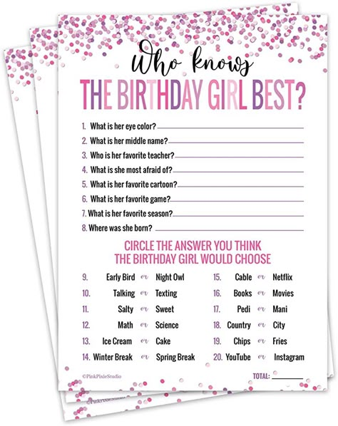 Amazon.com: 30 Who Knows The Birthday Girl Best Game Cards- for Child or Teen- Fun and Easy Game for Party or Sleepover- Girl Birthday Supplies, Activity, Decorations : Toys & Games Game For Party, Girls Birthday Games, Birthday Sleepover Ideas, Sweet Sixteen Birthday Party Ideas, Teen Fun, Cute Birthday Ideas, Birthday Activities, Sleepover Things To Do