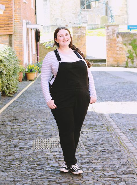 Plus size dungarees and stripy top Dungarees Plus Size, Lucy And Yak Dungarees Outfit, Lucy And Yak Dungarees, Plus Size Dungarees, Dungarees Outfit, Dungaree Outfit, Black Dungarees, Stripy Tops, Lucy And Yak