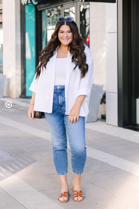 My staple white button down shirt can be styled so many ways. In this case, it is a casual plus size outfit idea for women featuring a white bodysuit, white button-down shirt, jeans and flat h-band slide sandals. Button Down Shirt Casual Outfit for Spring | Nicole Weisman | Spring Casual Fashion Look Women White Button Down Shirt Outfit, Plus Size Button Down Shirt Outfit, Jeans Outfits Plus Size, Shirt Casual Outfit, Casual Plus Size Outfits, Casual Outfits Plus Size, White Button Up Shirt, White Shirt Outfits, Outfit For Spring