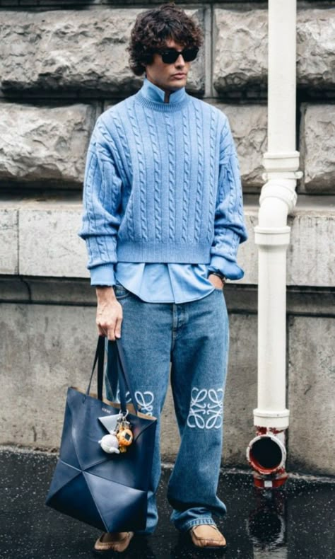 Men Light Blue Outfit, Blue Jeans Winter Outfit Men, French Men Outfit, Blue Sweater Street Style, Men Street Style 2024, Men Samba Outfit, Men’s Knitwear Outfits, Blue Sweater Outfit Men Aesthetic, Mens Editorial Fashion Photography