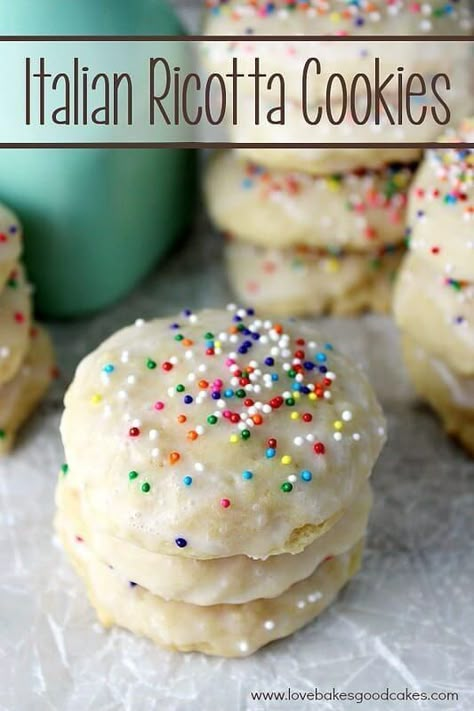 These Italian Ricotta Cookies are super soft and absolutely delicious. Topped with an almond glaze and sprinkles! They are sure to become a family favorite! Eggs Ricotta, Italian Ricotta Cookies, Love Bakes Good Cakes, Sicilian Food, Ricotta Cookies, Good Cakes, Almond Extract, Stay Soft, Sugar Eggs