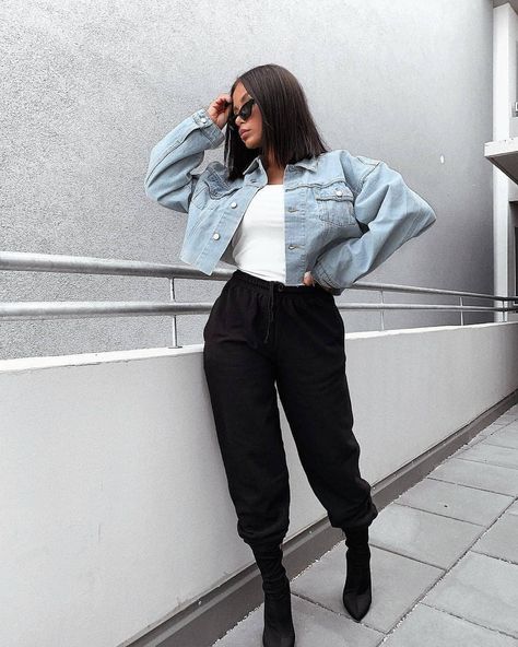 addicted to cropped denim jackets . . . . via @itslibes . . . . #ootdfashion #fashionnova #luxury #fashion #fashion #fashionbaw… Sweatpants And Denim Jacket Outfit, Black Denim Jacket Outfit Winter, Cropped Denim Jacket Outfit, Black Sweatpants Outfit, Black Joggers Outfit, Cute Sweatpants Outfit, Cute Sweatpants, Denim Jacket Outfit, Sweatpants Outfit