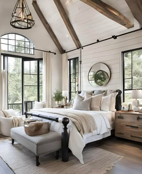 Big Farmhouse Bedroom, Dream Farmhouse Bedroom, Dream Master Bedrooms Luxury, Modern Farmhouse Master Bed Bedroom, Modern Farmhouse Master Bed, Modern Farmhouse Bedroom Master Suite, Farmhouse Bloxburg, Modern Country Bedrooms, Modern Farmhouse Bedrooms