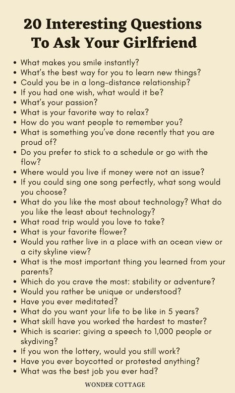 245 Questions To Ask Your Girlfriend - Wonder Cottage Questions To Talk About With Your Boyfriend, Questions To My Future Self, Things To Ask From Your Boyfriend, Things To Ask Your Girlfriend Over Text, Topics To Talk With Your Girlfriend, Topics To Talk About With Your Girlfriend, Questions For My Girlfriend, What To Talk About With Your Girlfriend, Conversation Topics With Girlfriend