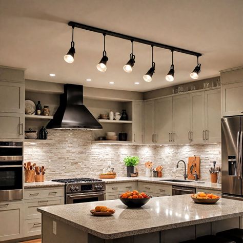 15 Kitchen Track Lighting Ideas That Aren't Boring Kitchen Track Lighting Ideas Farmhouse, Track Lights In Kitchen, Kitchen Spotlights Lighting Ideas, Kitchen Track Lighting Ideas, Track Lighting Ideas, Kitchen Track Lighting, Track Lighting Kitchen, Kitchen Lighting Ideas, Dim Lighting