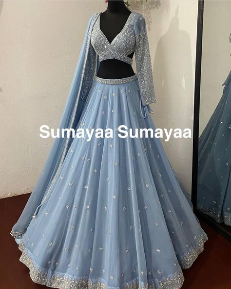 Girlish Lehnga Design, Chanya Choli Ideas, Gold Half Saree, Light Blue Lehenga, Groom's Sister, Sky Blue Lehenga, Engagement Vibes, Royal Blue Lehenga, Lehenga For Girls