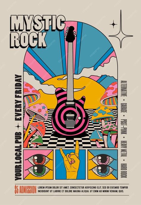 Premium Vector | Vector retro vintage styled psychedelic rock music concert or festival flyer or poster design template Music Festival Vibes, Band Branding Design, Cultural Festival Poster, La Olympics, Music Festival Branding, Pop Music Poster, Band Flyer, Band Logo Design, Poster Grafico