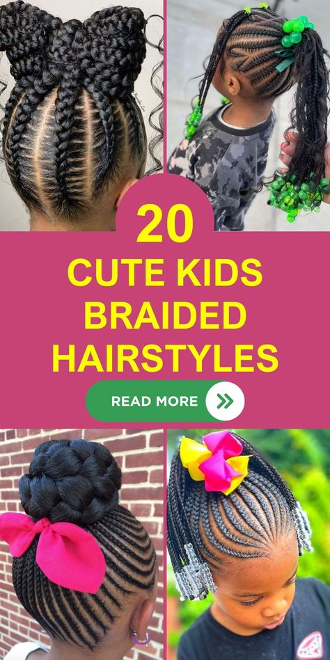 This collection showcases stunning cute kids braided hairstyles for 2024, emphasizing the beauty of natural hair in black children. From elegant cornrow designs to playful ponytails with beads, these styles are perfect for school and beyond. Easy to maintain and quick to style, they're ideal for parents looking for practical yet pretty braided options. Little Braiding Girl Hair Styles, Girls Braided Ponytail Hairstyles Kids Black Kids, Children Hair Styles For School, Cornrow Hairstyles For Black Girls Kids, Hairstyles For Little Black Girls Braids, Girl Braids Hairstyles Kids Black Little Easy Natural Hair, Little Toddler Girl Braided Hairstyles, Little Black Girls Hairstyles For School Braids Cute, Black Girls Hairstyles For Kids Braids Cornrows Natural Hair Styles