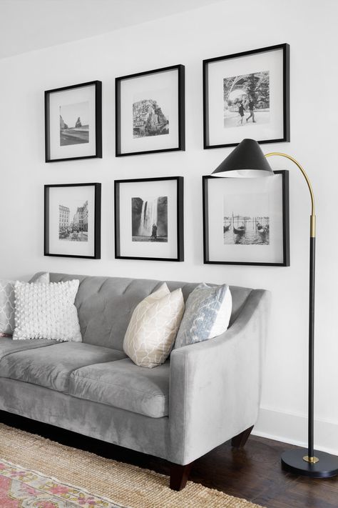 Gallery Wall Black And White, Grid Gallery Wall, Gallery Wall Black, Picture Wall Living Room, Photowall Ideas, Black And White Living Room, Black And White Photo Wall, Photo Grid, Ikea Frames