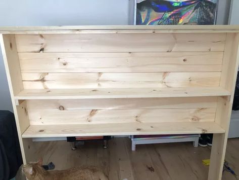 My Tongue and Groove Bookcase Headboard | Hometalk Diy Storage Headboard, Bedroom Dresser Ideas, Headboard Plan, Build A Headboard, Diy Wood Headboard, Simple Bed Frame, Simple Headboard, Bookshelf Headboard, Cube Storage Shelves