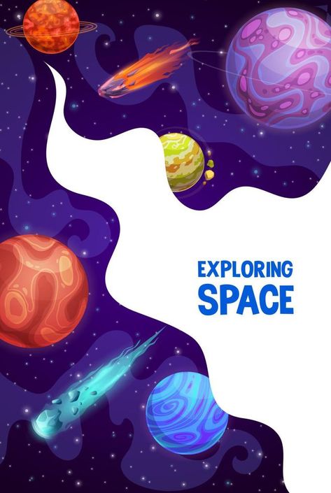 Space exploring poster with planets and asteroids Space Exploration Poster, Poster Science Design Ideas, Space Exploration Aesthetic, Science Poster Ideas, Planets Preschool, Planets Poster, Exploration Art, Planet Poster, Ad Ideas