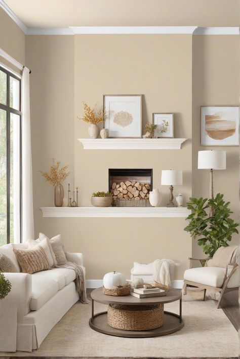 Explore the soothing beauty of Soft Halo Hues in your space for a serene retreat. Dive into a daily routine with interior designer tips for a calm and inviting atmosphere! #Ad #homedecor #homedesign #wallpaints2024 #Painthome #interiorarchitecture Wall Colors Green Living Room Colors Bright Living Room Colors Apartment Renovation Living room Remodeling Modern Paint Colors 2024 Aesthetic Paint For House, Living Room Sand Color Walls, Living Hall Color, Colours For Hall Room, Interior Wall Paint Colors Living Rooms, Aesthetic Colour For Room, Sandy Living Room, Beige Paint Living Room, Aesthetic Wall Colour