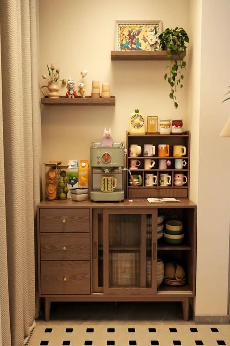 Coffee Corner In Bedroom Ideas, Coffee Corner Home Ideas, Chic Storage Ideas, Corner Cabinet Coffee Station, Apartment Coffee Bar Ideas, Coffee Bar At Home Ideas, Coffee Home Bar, Coffee Corner Ideas Kitchen, Small Living Ideas Space Saving