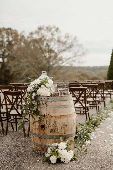 Wine Barrel Wedding Aisle, Wine Barrel Alter Wedding, Wedding Ideas Winery Vineyard, Whiskey Barrel Flowers Wedding, Barrel Floral Arrangements Wedding, Wine Barrel Wedding Ceremony Altars, Wedding Venues Winery, Boho Winery Wedding, Winery Wedding Fall