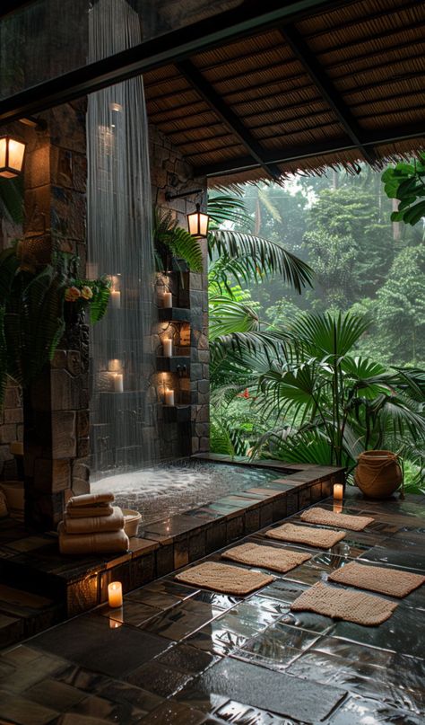 Bath And Shower Room Ideas, Bathroom Rainfall Shower Ideas, Stone Spa Bathroom, Outside Bathrooms, Home Spa Aesthetic, Waterfall Shower Bathroom, Rainfall Shower Ideas, Relaxing Bathroom Ideas, Relaxing Architecture