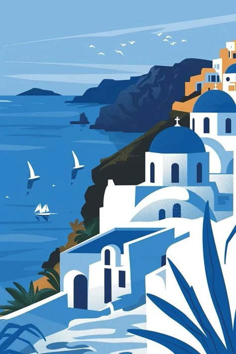 Midjourney AI Image: very minimalist illustration, greece, blue and white, retro style, --ar 2:3 → more in ai-img-gen.com Greece Blue And White, Greece Artwork, Greece Illustration, Easy Hair Drawings, Village Illustration, Greek Drawing, Town Drawing, African Drawings, Greece Blue