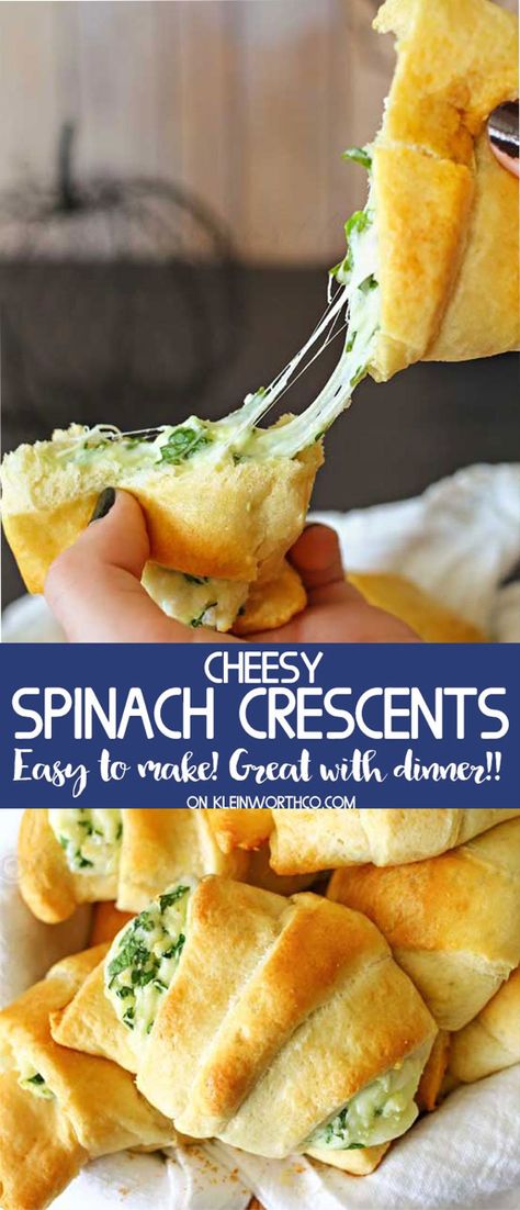 These Cheesy Spinach Crescents are an easy snack to serve for holidays. Light & fluffy crescent rolls loaded with melted cheese & spinach are delicious. #cheese #spinach #crescentrolls #bread #sidedish #easyrecipes #dinner Cream Cheese Spinach, Spinach Rolls, Neufchatel Cheese, Cheesy Spinach, Crescent Recipes, Cheese Spinach, Spinach Pie, Dinner Side, Crescent Roll Recipes