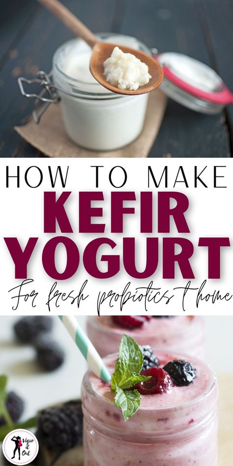 How to make kefir at home. The benefits of drinking milk kefir daily are huge! Learn the benefits of kefir yogurt and how to make milk kefir at home for your smoothies, breakfast, parfaits, etc! Kifer Recipes, Kefir Yogurt Recipes, Benefits Of Kefir, Homemade Kefir, Milk Kefir Recipes, Kefir Drink, Breakfast Parfaits, Kefir Milk, Smoothie Aesthetic