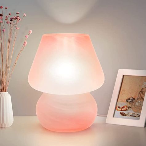 ONEWISH Mushroom Lamp Small Vintage Table Lamp for Bedroom Nightstand, Bedside Lamp Translucent Glass Stepless Dimmable, Murano Aesthetic Home Decor for Living Room Kitchen Mother's Day Gift(Black) - - Amazon.com Small Nightstand Lamps, Glass Bedside Lamps, Lamp Cute, Pink Lamp, Small Nightstand, Mushroom Table Lamp, Mushroom Lights, Mushroom Table, Bedroom Nightstand