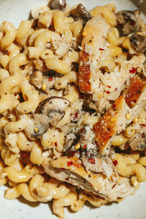 Chicken Cavatappi Pasta Recipes, Mushroom Cavatappi, Kaizen Pasta, Chicken Cavatappi Recipe, Cavatappi Pasta Recipes, Chicken Cavatappi, Keto Pasta Recipe, Chicken Carbonara Recipe, High Protein Dishes