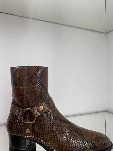 Saint Laurent Paris Python Wyatt Harness Boots in Brown Python Boots | Grailed Python Boots, Chelsea Boots Men Outfit, Boots Men Outfit, Harness Boots, Chelsea Boots Men, Saint Laurent Paris, Men's Footwear, Python, Wedge Boot