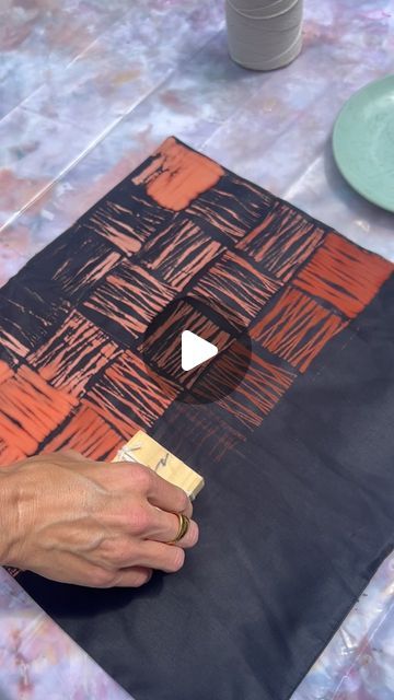 Ashley Owens on Instagram: "One more bleach dyeing tutorial!! And this one was a little more special because it reminds me of my weaving roots. Here’s how to achieve this woven pattern:

1) Take a small block of wood and wrap your string around it in a haphazard way to create crisscrosses for a more intricate pattern or evenly across for a more even pattern. Tie the two ends together along the back of the block. 

2) Make a 1:1 ratio of water and bleach and put it in a shallow plate.

3) Tap the block in the bleach mix just enough to get the string all covered in the bleach. Have a junk towel next to you so you can tap the block onto it and get off any excess bleach. I did not do this which resulted in the thicker bleached areas so learn from my mistake! 

4) Every time you stamp, make sur Bleach Clothing Art, Bleach Dye Designs, Bleaching Fabric, Bleach Printing, Bleached Clothing, Bleach Stamping, Rust Dyeing, Tie Dye Bleach, Bleaching Clothes